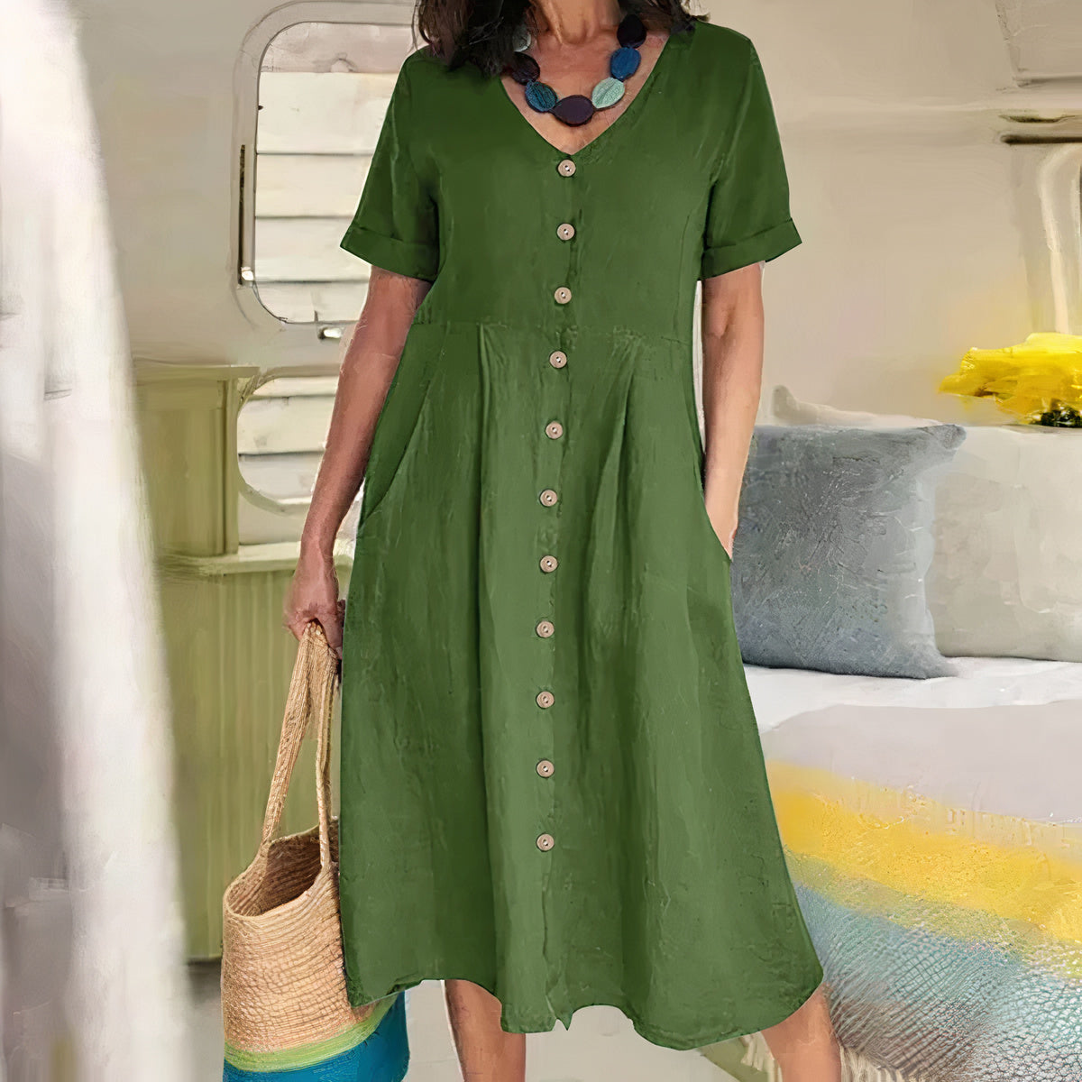 Women's Button-Front Midi Dress with Pockets and Short Sleeves